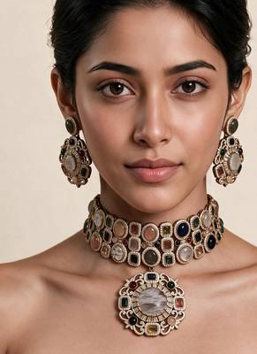 Multicolor semi precious stone moissanite choker set 1