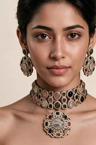 Multicolor semi precious stone moissanite choker set