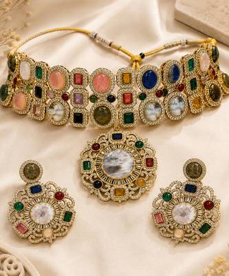 Multicolor semi precious stone moissanite choker set 2