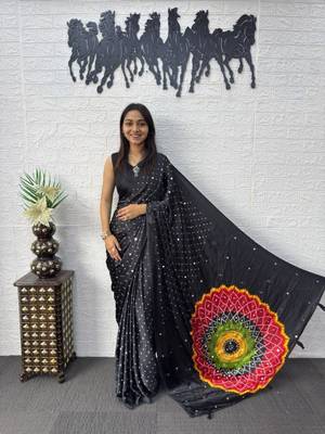 Black satin mirror work printed saree 2