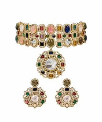 Multicolor semi precious stone moissanite choker set 3