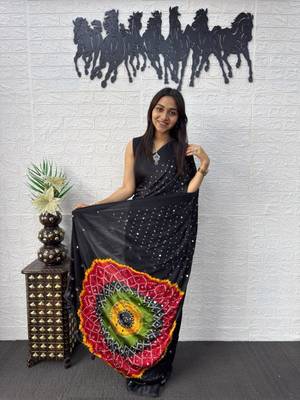 Black satin mirror work printed saree 3