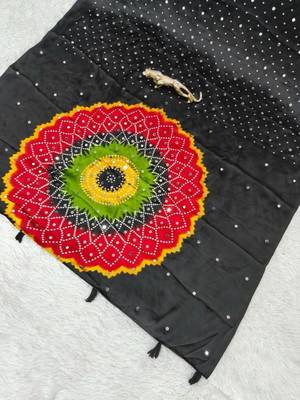 Black satin mirror work printed saree 4