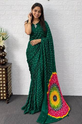 Dark-green satin mirror work printed saree