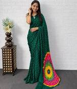 Dark-green satin mirror work printed saree