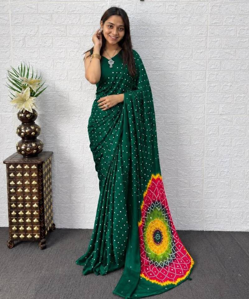 Dark-green satin mirror work printed saree