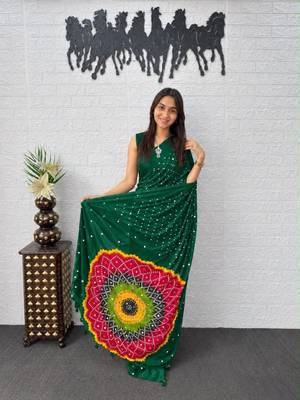Dark-green satin mirror work printed saree 2