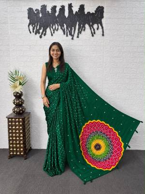Dark-green satin mirror work printed saree 3