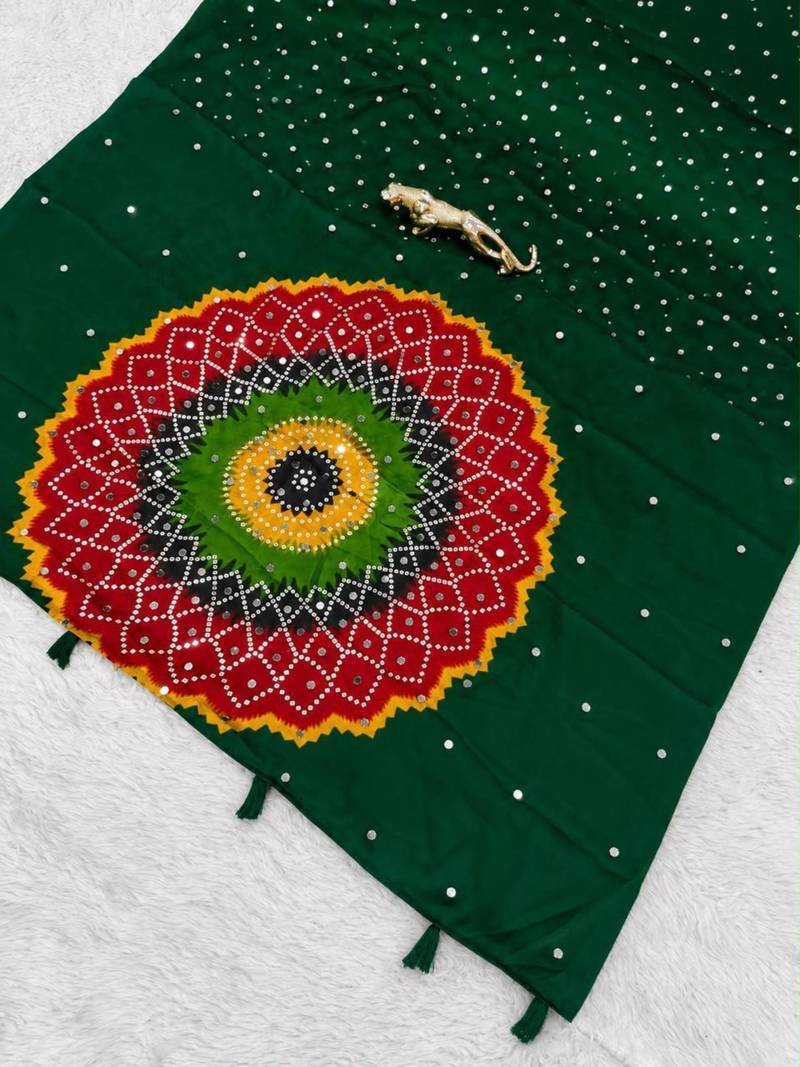 Dark-green satin mirror work printed saree
