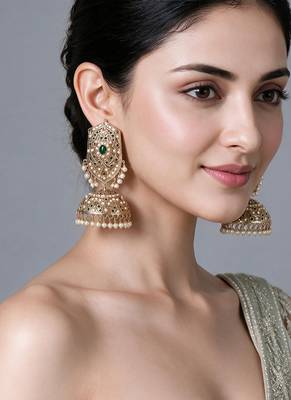 Gold plated emerald green jadau pearl jhumka earrings 1