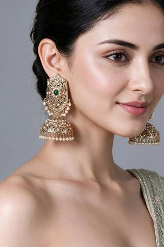 Gold plated emerald green jadau pearl jhumka earrings