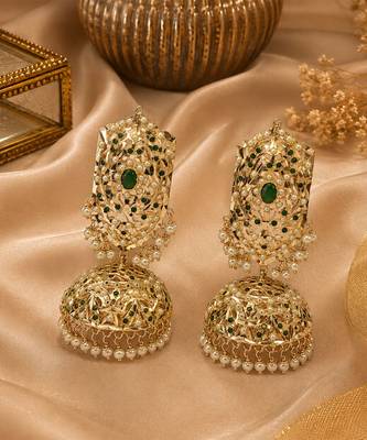 Gold plated emerald green jadau pearl jhumka earrings 2