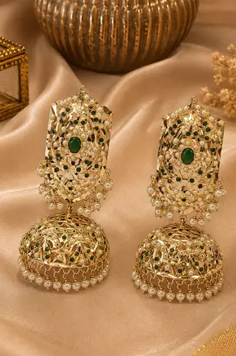 Gold plated emerald green jadau pearl jhumka earrings