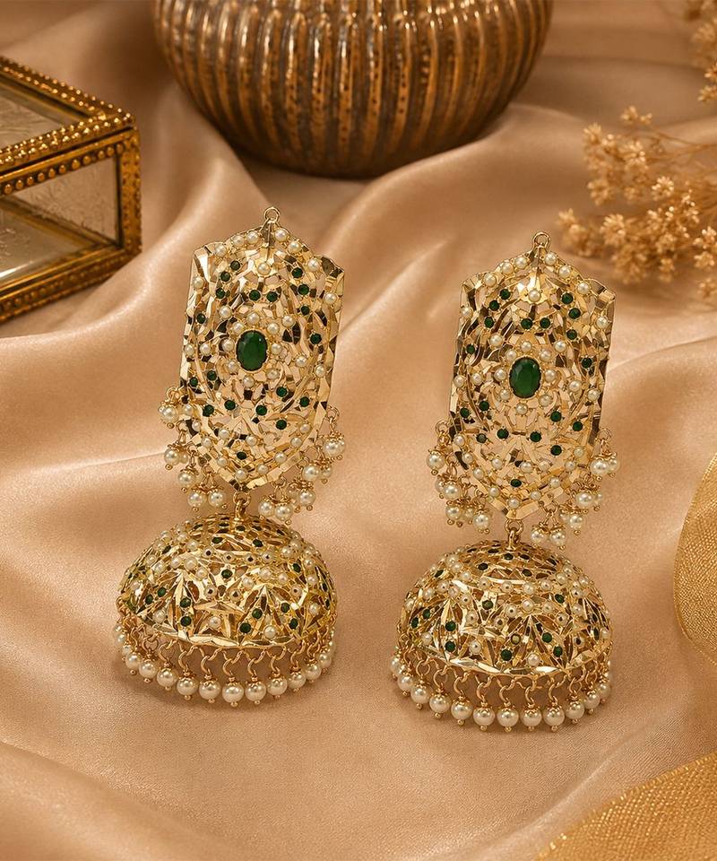 Gold plated emerald green jadau pearl jhumka earrings