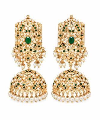 Gold plated emerald green jadau pearl jhumka earrings 3