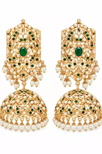 Gold plated emerald green jadau pearl jhumka earrings