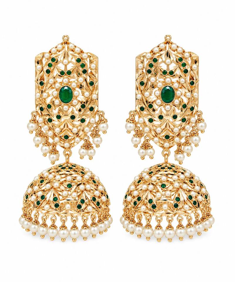 Gold plated emerald green jadau pearl jhumka earrings