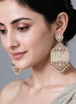 Gold plated jadau pearl tassel statement earrings 1