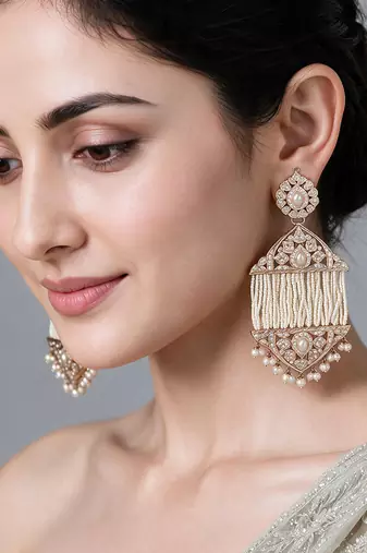 Gold plated jadau pearl tassel statement earrings