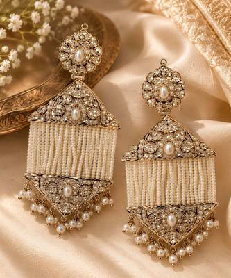 Gold plated jadau pearl tassel statement earrings 2
