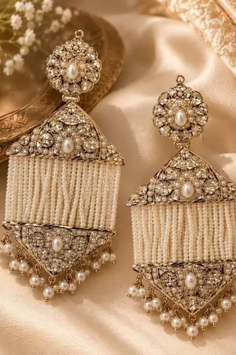 Gold plated jadau pearl tassel statement earrings