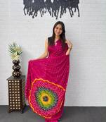 Rani-pink satin mirror work printed saree