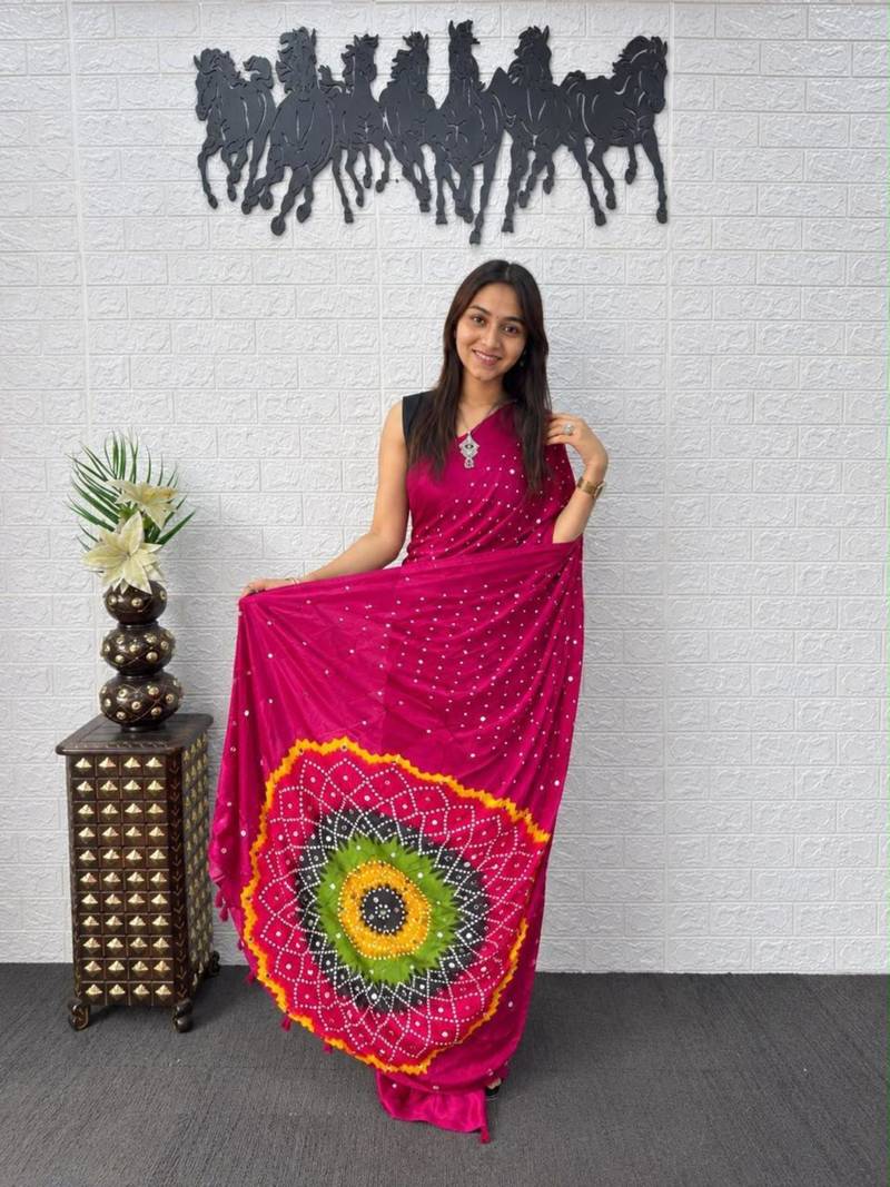 Rani-pink satin mirror work printed saree
