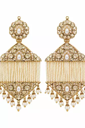 Gold plated jadau pearl tassel statement earrings
