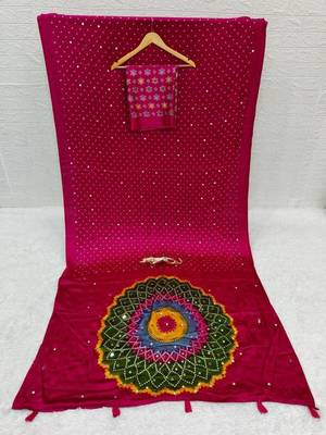 Rani-pink satin mirror work printed saree 3