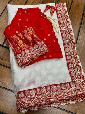 White georgette floral print woven saree 2