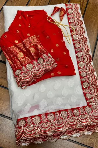 White georgette floral print woven saree