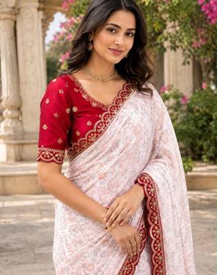 White georgette floral print woven saree 3