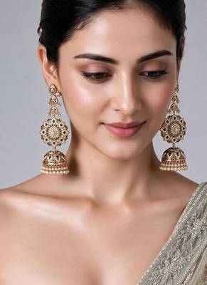 Gold plated emerald green stone jadau pearl jhumka earrings 1