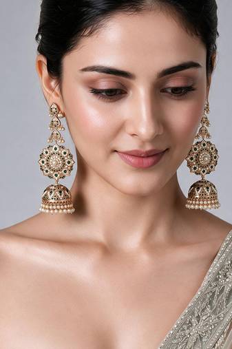 Gold plated emerald green stone jadau pearl jhumka earrings