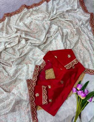 White georgette floral print woven saree 4