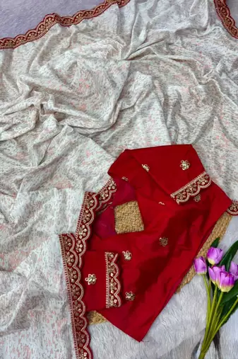 White georgette floral print woven saree