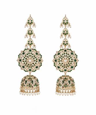 Gold plated emerald green stone jadau pearl jhumka earrings 3