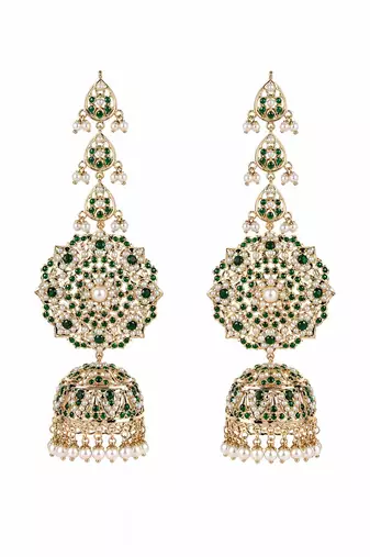 Gold plated emerald green stone jadau pearl jhumka earrings