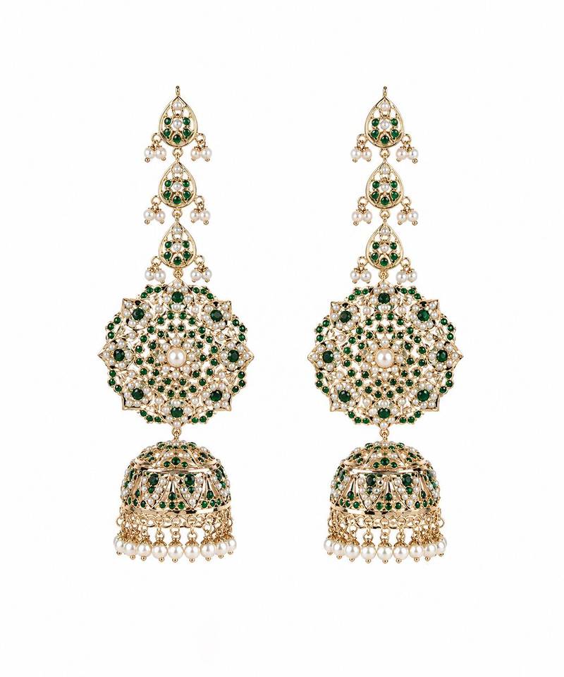 Gold plated emerald green stone jadau pearl jhumka earrings