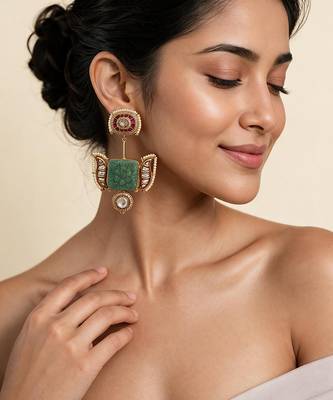 Sage green handmade kundan statement earrings 1