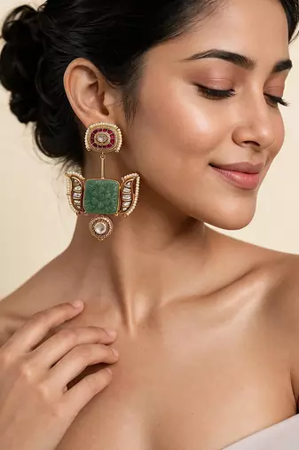 Sage green handmade kundan statement earrings