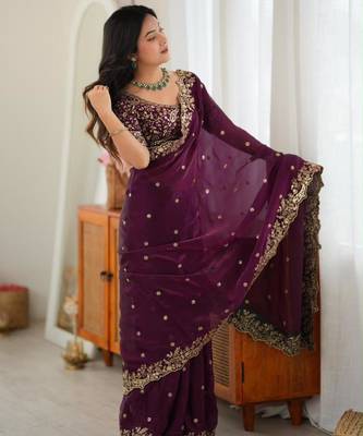 Purple silk blend sequins work embroidered saree 2