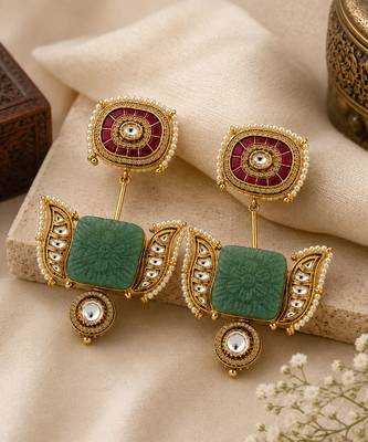 Sage green handmade kundan statement earrings 2