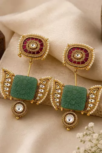 Sage green handmade kundan statement earrings
