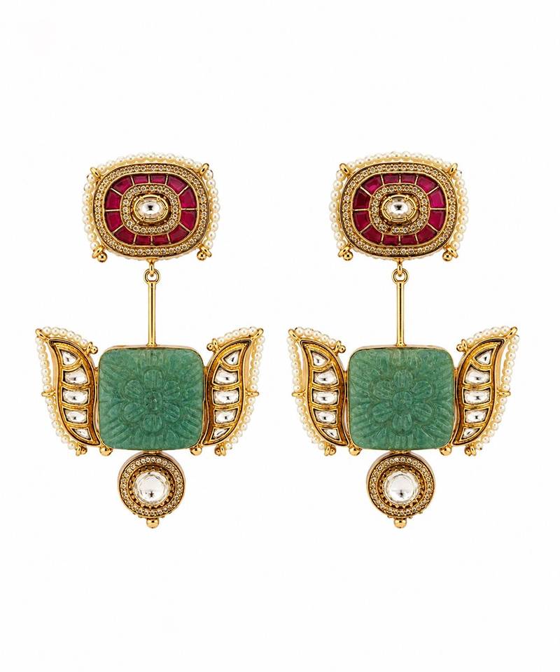 Sage green handmade kundan statement earrings