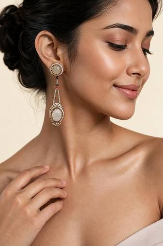 Gold plated ivory semi precious dual stone drop earrings