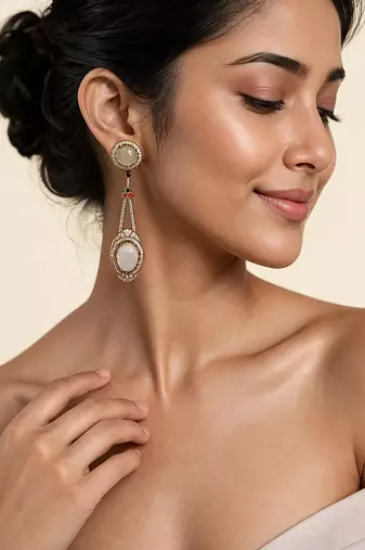 Gold plated ivory semi precious dual stone drop earrings