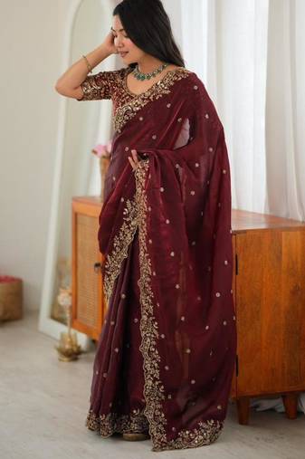 Maroon silk blend sequins work embroidered saree