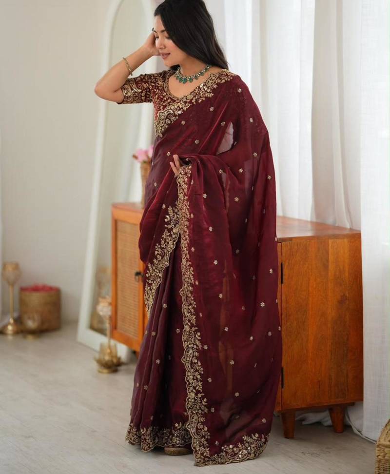 Maroon silk blend sequins work embroidered saree
