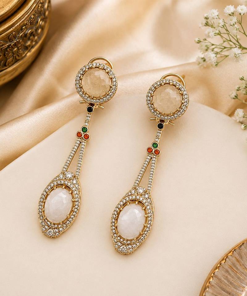 Gold plated ivory semi precious dual stone drop earrings